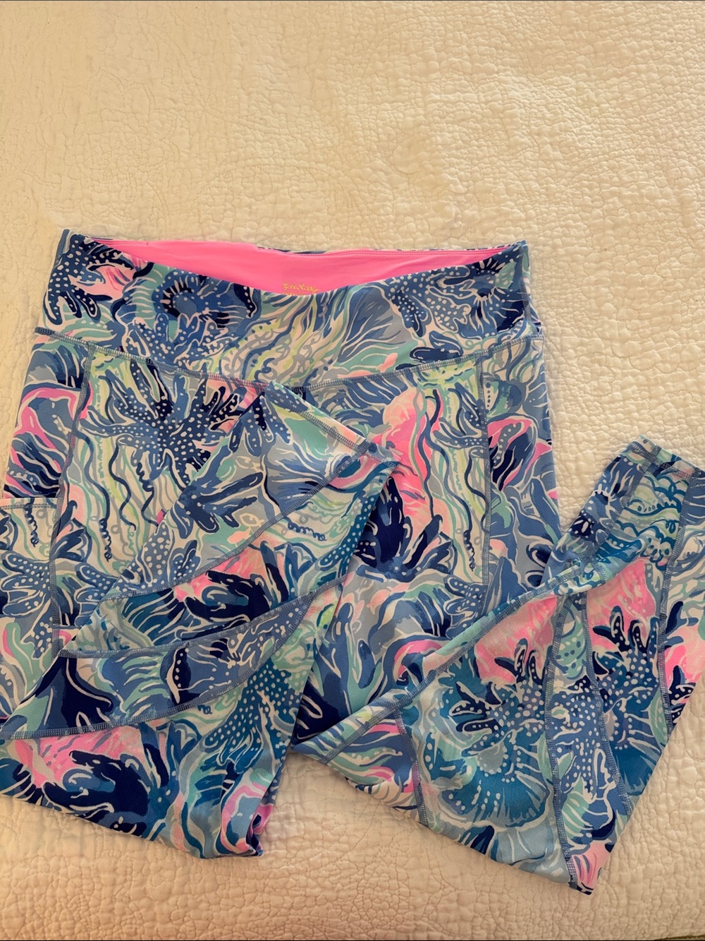 Lilly Pulitzer Blue & Pink Floral Active Leggings women’s Sz xxl